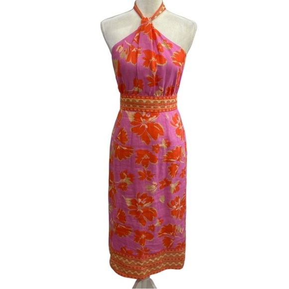 Antonio Melani Naomi Mandarin Floral Printed Linen Halter Dress Pink Orange $189 - Picture 3 of 15